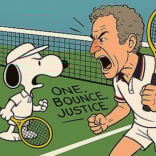 John McEnroe argues with Snoopy in a game of tennis'