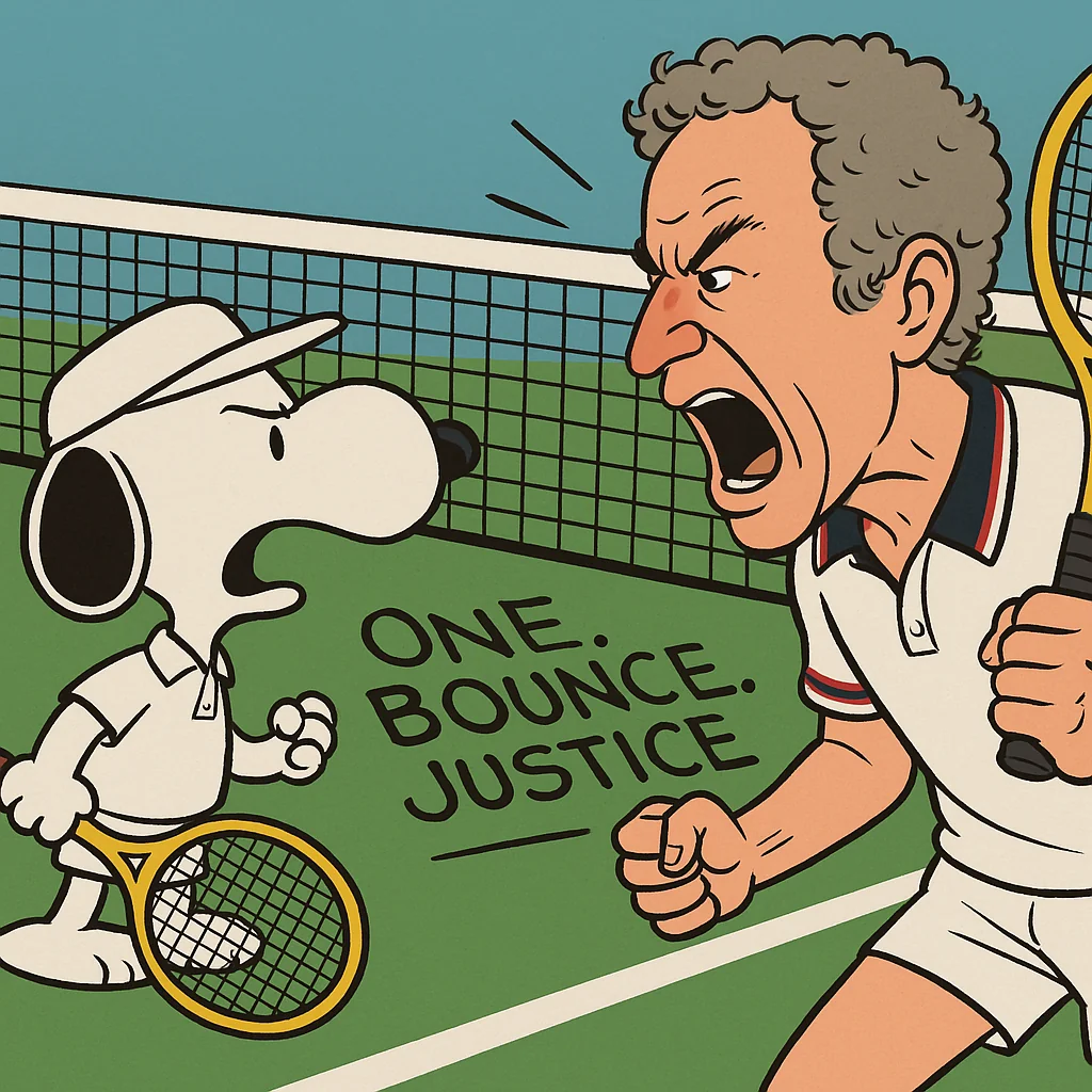 John McEnroe argues with Snoopy in a game of tennis picture 1 of 1
