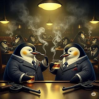 1920s Penguin Gangsters chill’in at a bar.'