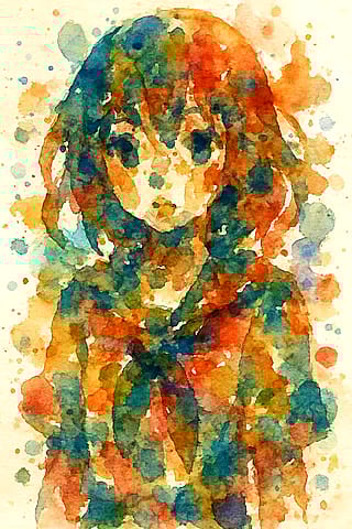 An anime girl made from paint splotches.'