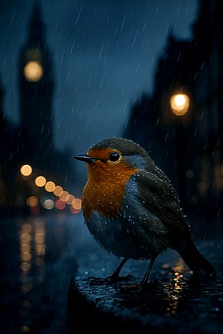"Draw a photorealistic Robin at night in the rain in London. Street light bokeh, narrow depth of field, water droplets"'