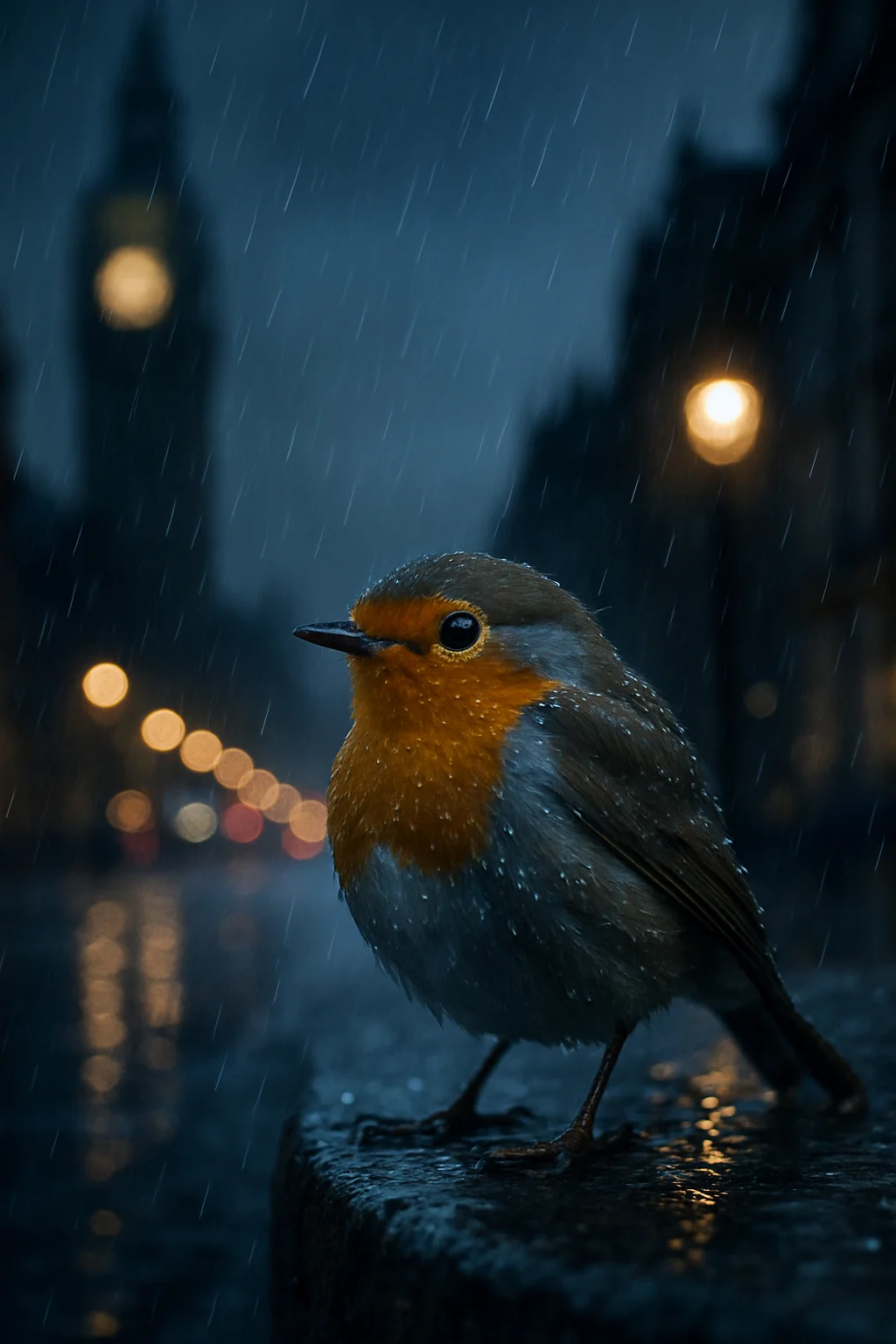 "Draw a photorealistic Robin at night in the rain in London. Street light bokeh, narrow depth of field, water droplets" picture 1 of 3