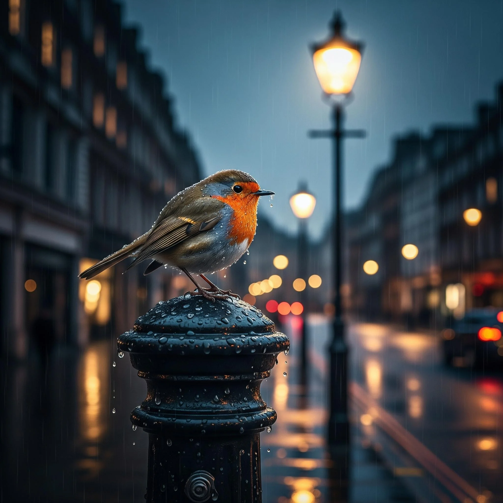 "Draw a photorealistic Robin at night in the rain in London. Street light bokeh, narrow depth of field, water droplets" picture 2 of 3