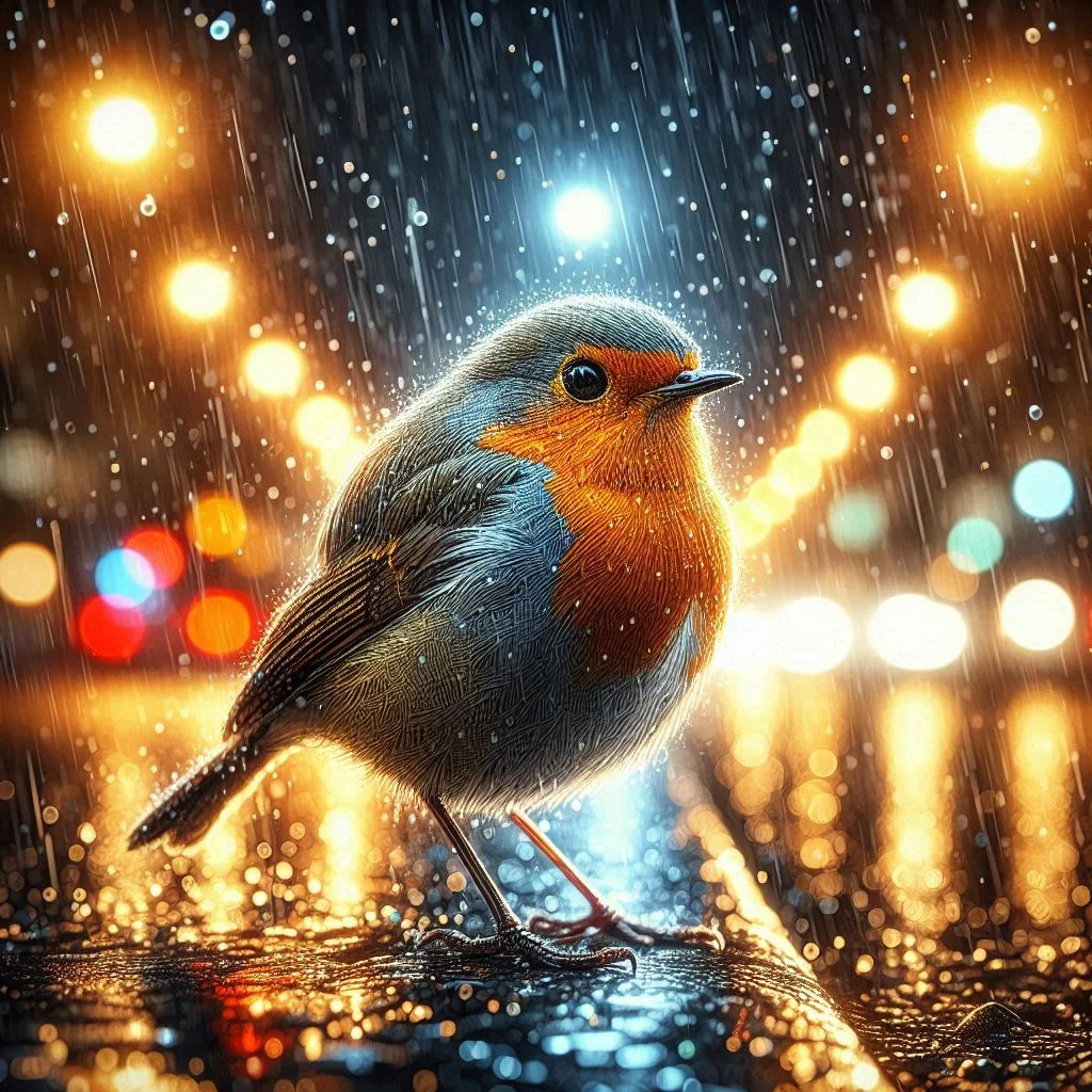 "Draw a photorealistic Robin at night in the rain in London. Street light bokeh, narrow depth of field, water droplets" picture 3 of 3