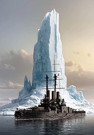 A predreadnough Battleship in fron of the AI interpretation of the Polynya of China Mieville tale. SD XL, and my own battleship LORA (Civitai)'