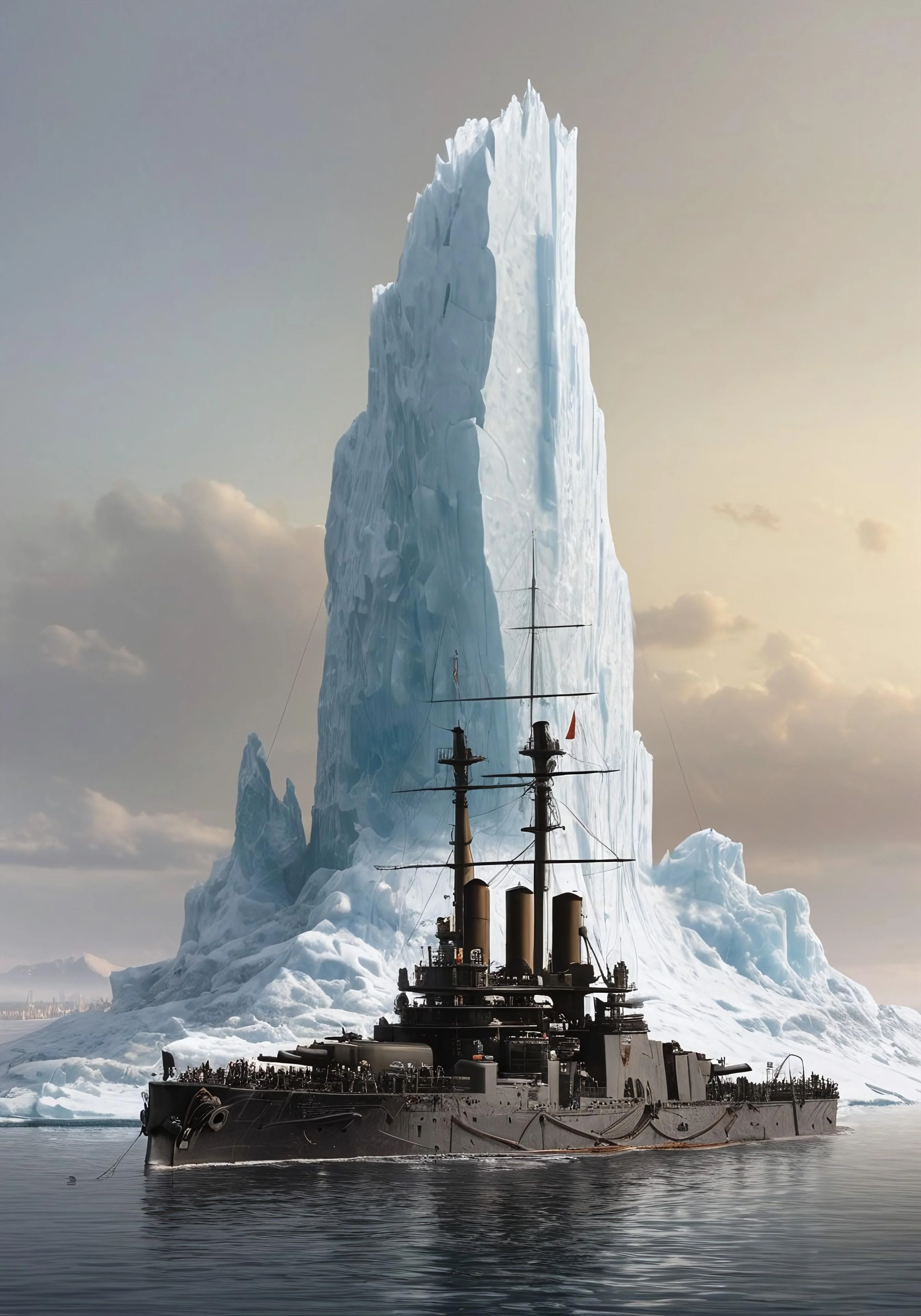 A predreadnough Battleship in fron of the AI interpretation of the Polynya of China Mieville tale. SD XL, and my own battleship LORA (Civitai) picture 1 of 1