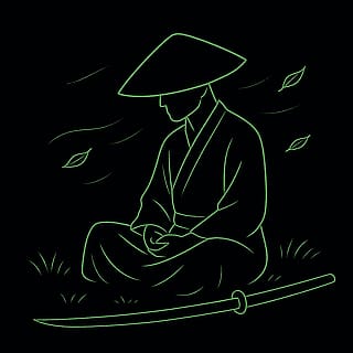 Had chat gpt make this cool simple green and black image, or a warrior monk mediating on the grass, with his Katana next to him.'