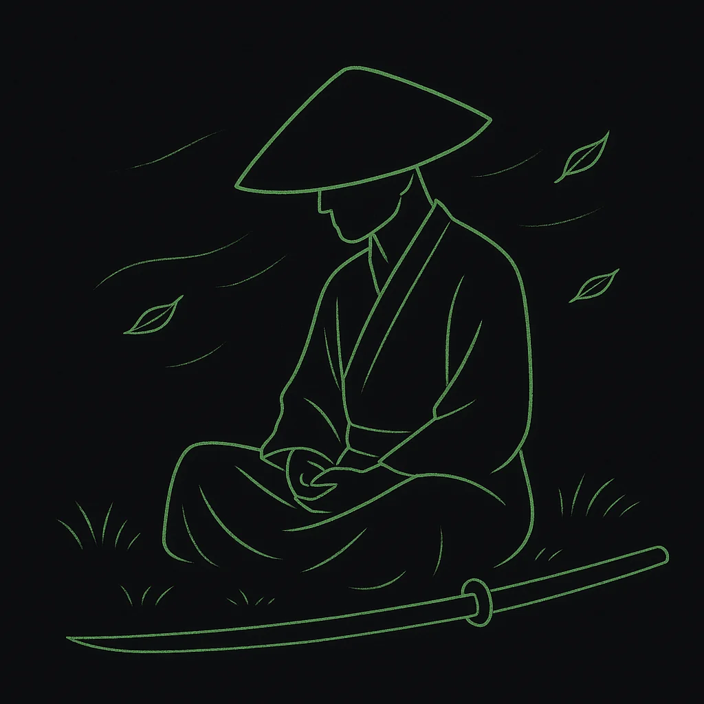 Had chat gpt make this cool simple green and black image, or a warrior monk mediating on the grass, with his Katana next to him. picture 1 of 1