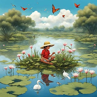 A little boy playing inside a lake'