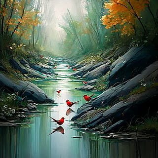 Painting of Red birds' river'