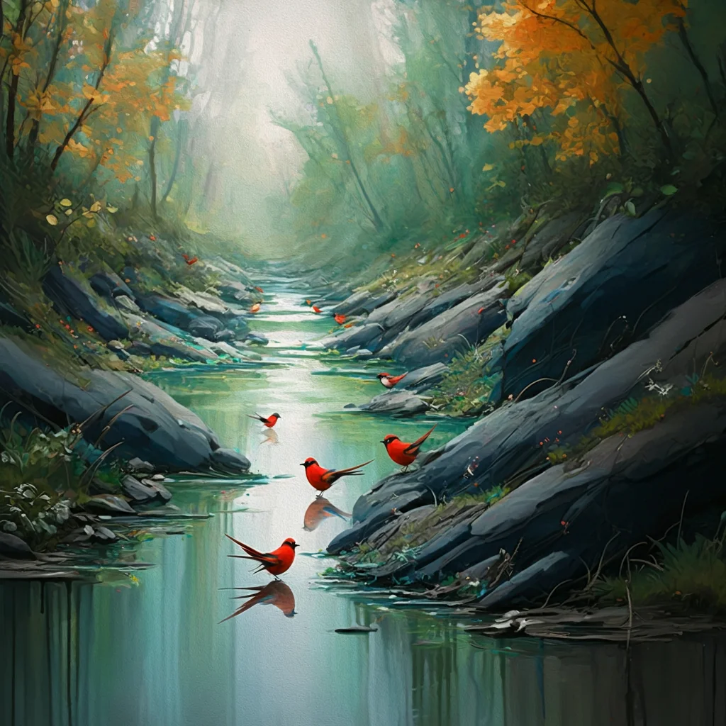 Painting of Red birds' river picture 1 of 1