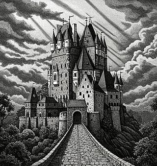 Generating an intricate image of a huge medieval castle in a fine black dot ink pen style art.'