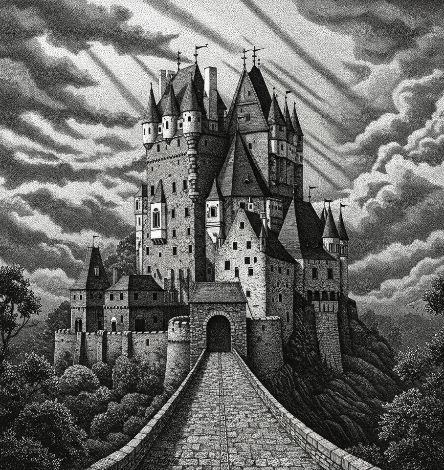Generating an intricate image of a huge medieval castle in a fine black dot ink pen style art. picture 1 of 1