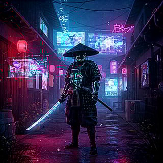 Cyberpunk Samurai In the suburbs of Tokyo.'