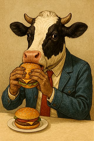Anthropomorphic Cow in Denim Suit Eating a Burger'
