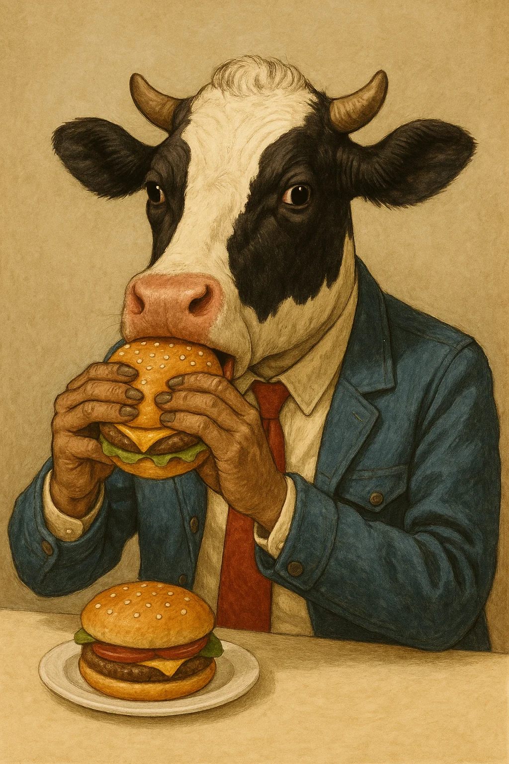 Anthropomorphic Cow in Denim Suit Eating a Burger picture 1 of 1