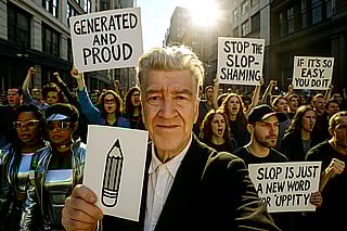 David Lynch attending an AI Rights parade (2023)'