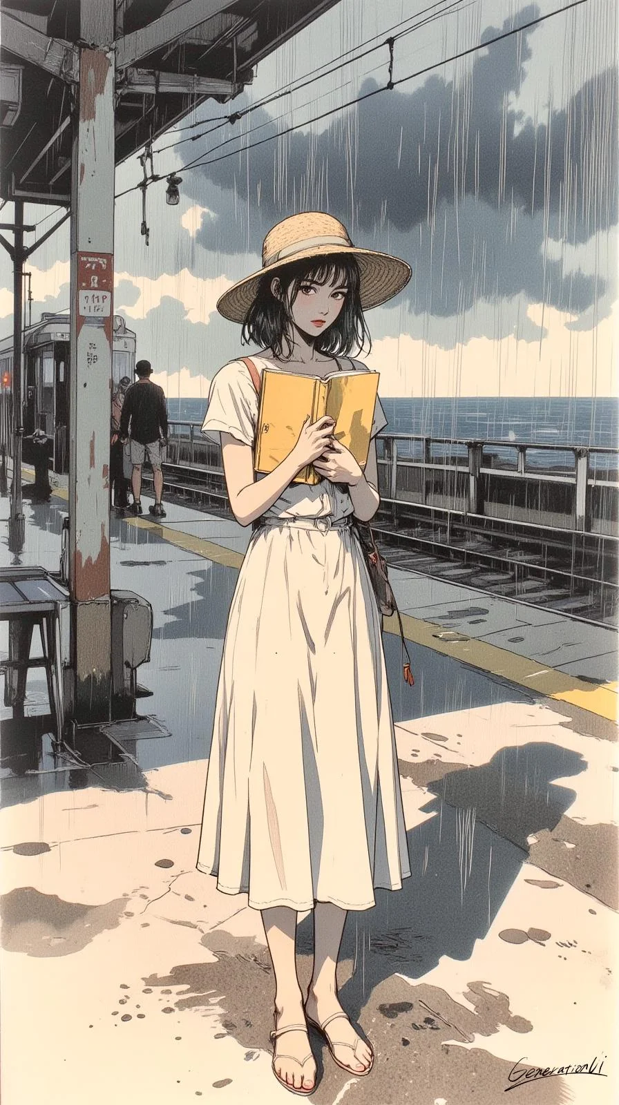 Summer Rain, Reading Quietly at the Station / Phone Wallpaper Archives picture 1 of 1