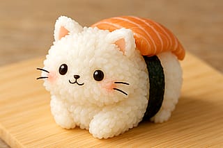 To make your dinner utterly adorable, shape a white rice cat with a salmon sash'