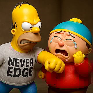 Homer Simpson punching Eric cartman “never edge”'