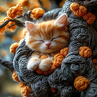 Kitten in a yarn tree'