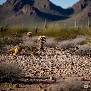 Coyote chasing roadrunner in the Sonoran desert'