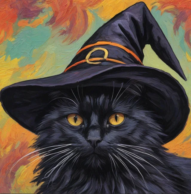 Cat wearing a witch hat picture 1 of 1