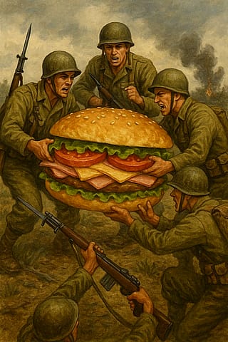 Soldiers fighting over giant sandwich'