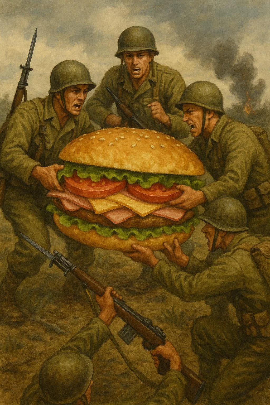 Soldiers fighting over giant sandwich picture 1 of 1