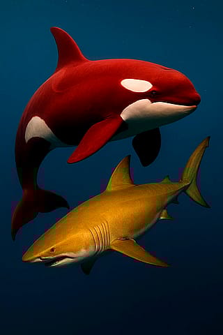 Red orca & golden shark'