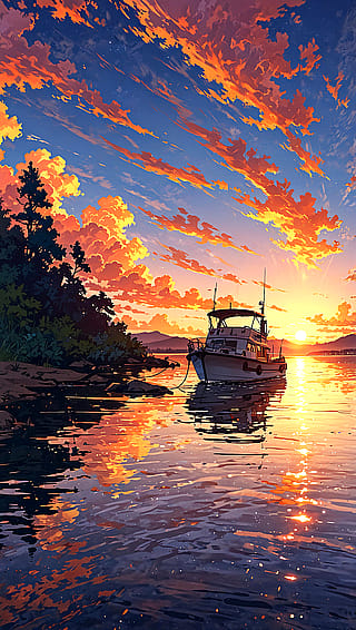 A Fishing boat in the evening on the lake.'