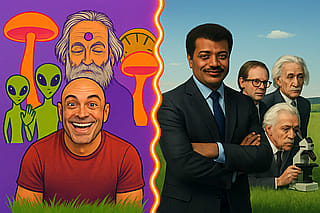 Clash between false reality and Base reality. Esoterics such as Joe Rogan doing psychedelics vs scientists who believe only what they can see through telescopes. Objective reality'