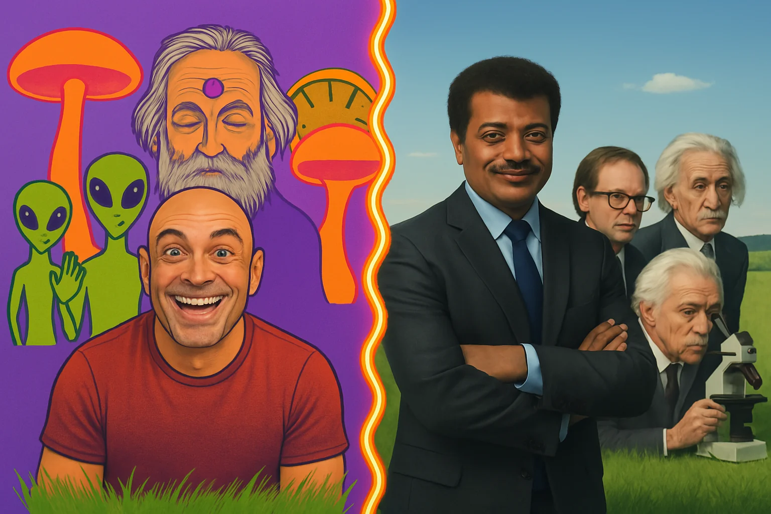 Clash between false reality and Base reality. Esoterics such as Joe Rogan doing psychedelics vs scientists who believe only what they can see through telescopes. Objective reality picture 1 of 2