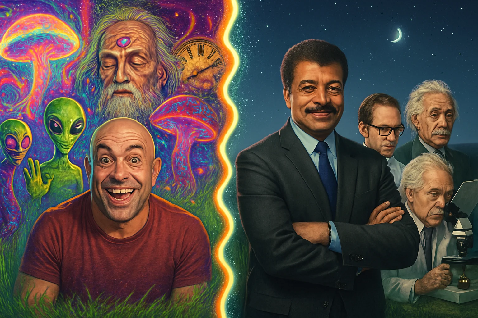 Clash between false reality and Base reality. Esoterics such as Joe Rogan doing psychedelics vs scientists who believe only what they can see through telescopes. Objective reality picture 2 of 2