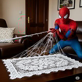 Spiderman shoots a spider web from his wrist and weaves a handmade lace tablecloth on the coffee table with that web.'