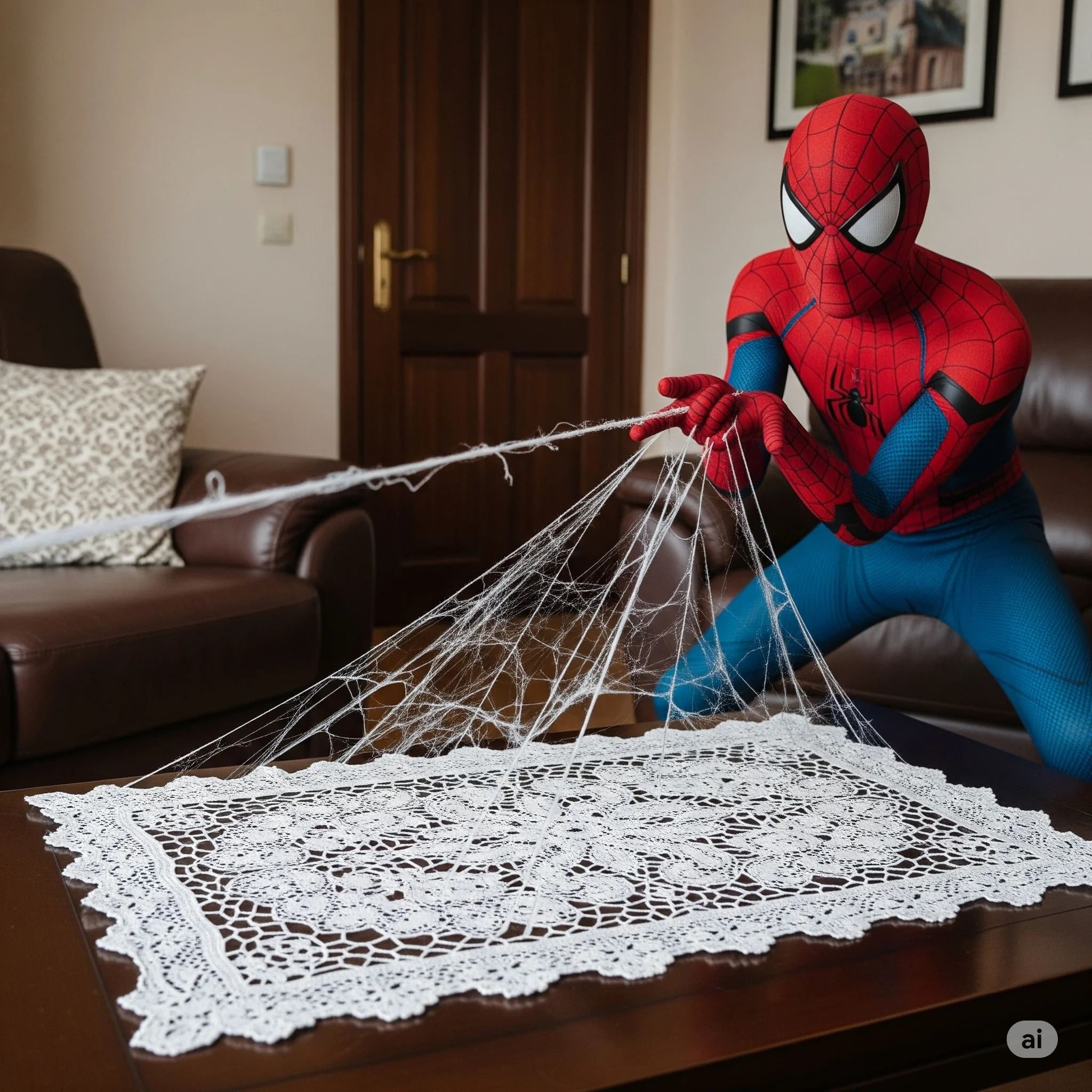 Spiderman shoots a spider web from his wrist and weaves a handmade lace tablecloth on the coffee table with that web. picture 1 of 1