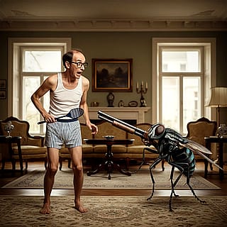 Real photo of a man trying to get rid of a fly.'