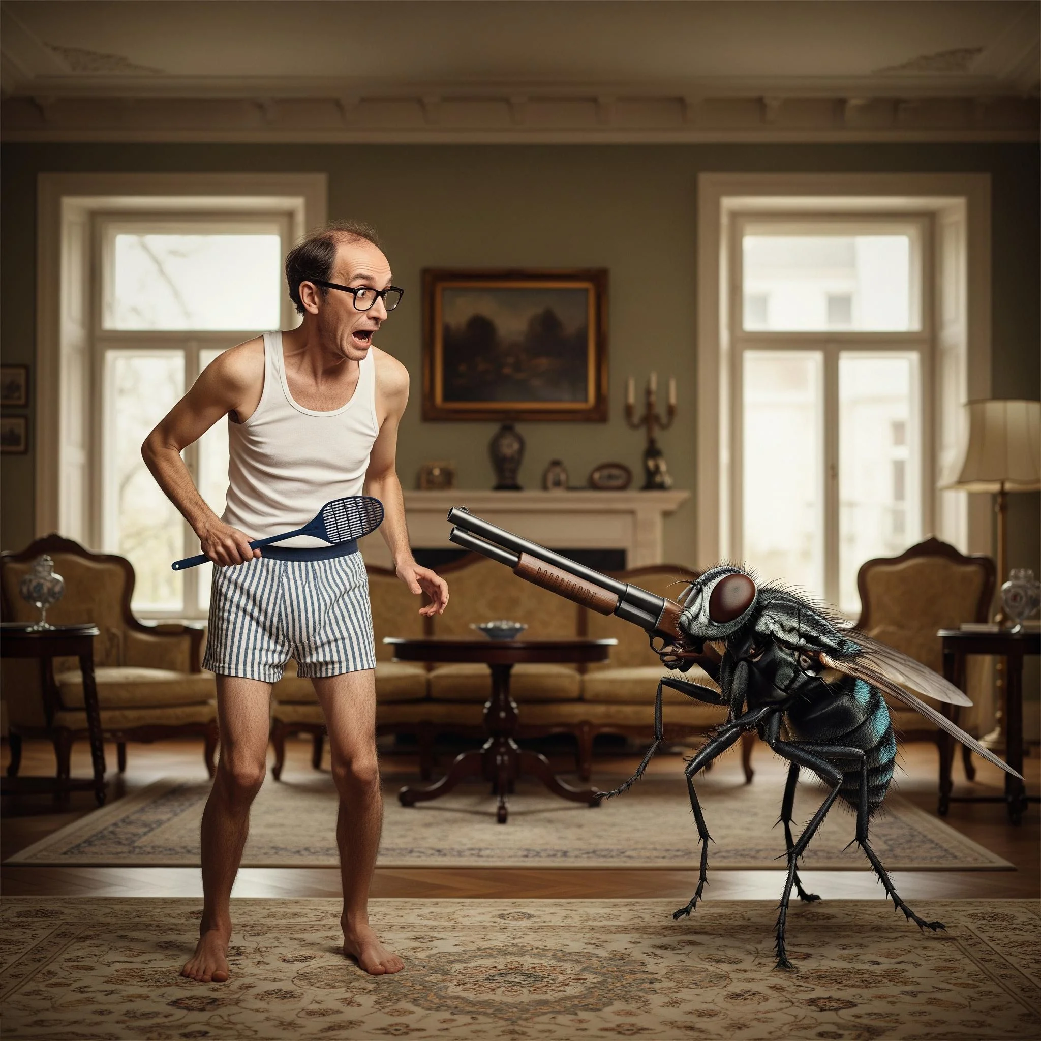 Real photo of a man trying to get rid of a fly. picture 1 of 1