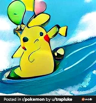 Surfing Pikachu with Balloons AI Images 3 yrs apart'