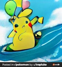 Surfing Pikachu with Balloons AI Images 3 yrs apart picture 1 of 2