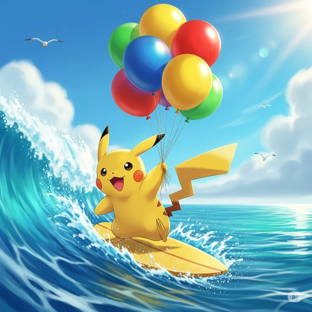 Surfing Pikachu with Balloons AI Images 3 yrs apart picture 2 of 2