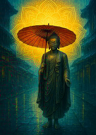 “Buddhist Monk in the Rain – Spiritual Digital Art with Glowing Mandala and Red Umbrella”'