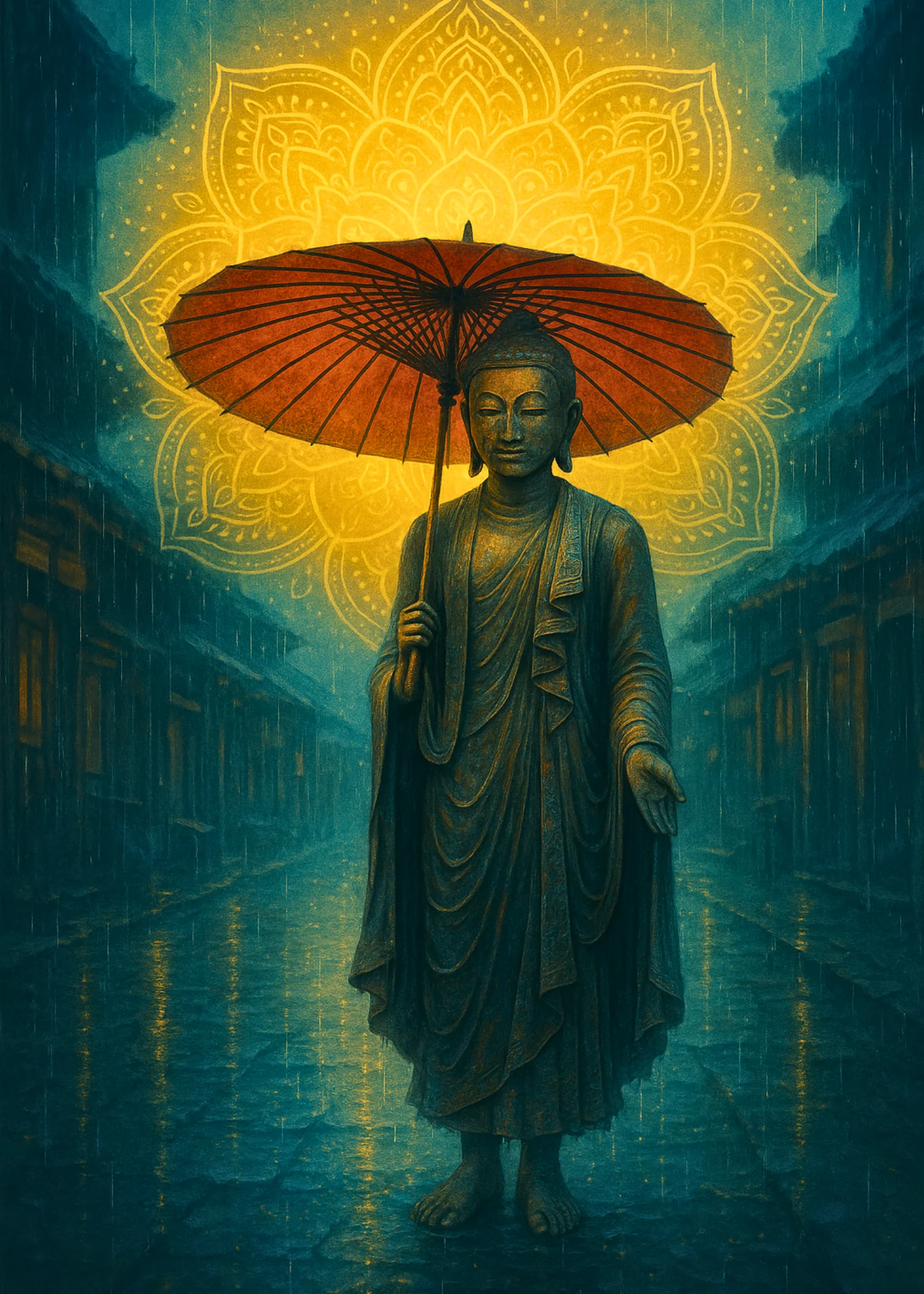 “Buddhist Monk in the Rain – Spiritual Digital Art with Glowing Mandala and Red Umbrella” picture 1 of 2