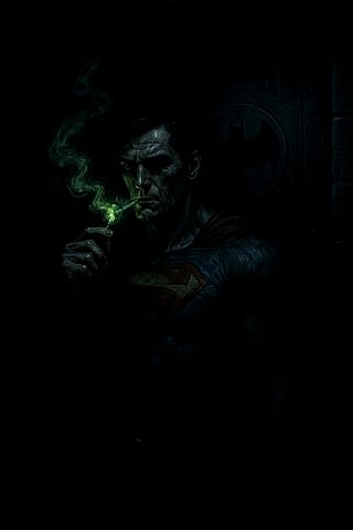 Superman smoking kryptoroll in front of batman's door'