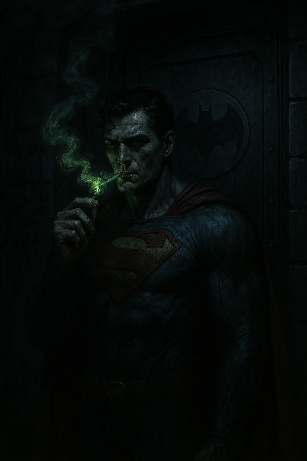 Superman smoking kryptoroll in front of batman's door picture 1 of 1