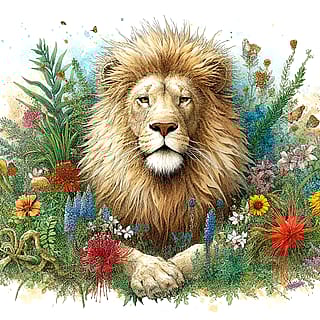 lion surrounded by flora.'