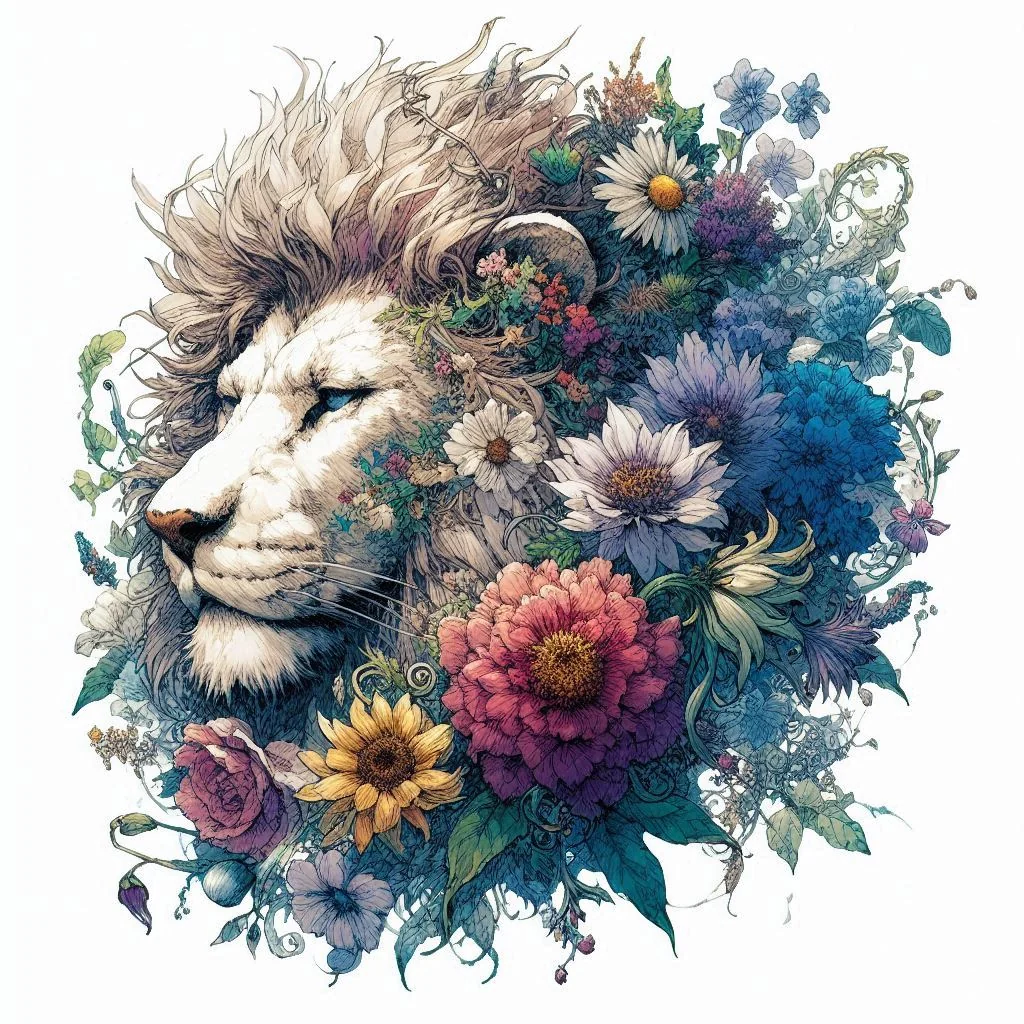 lion surrounded by flora. picture 2 of 3