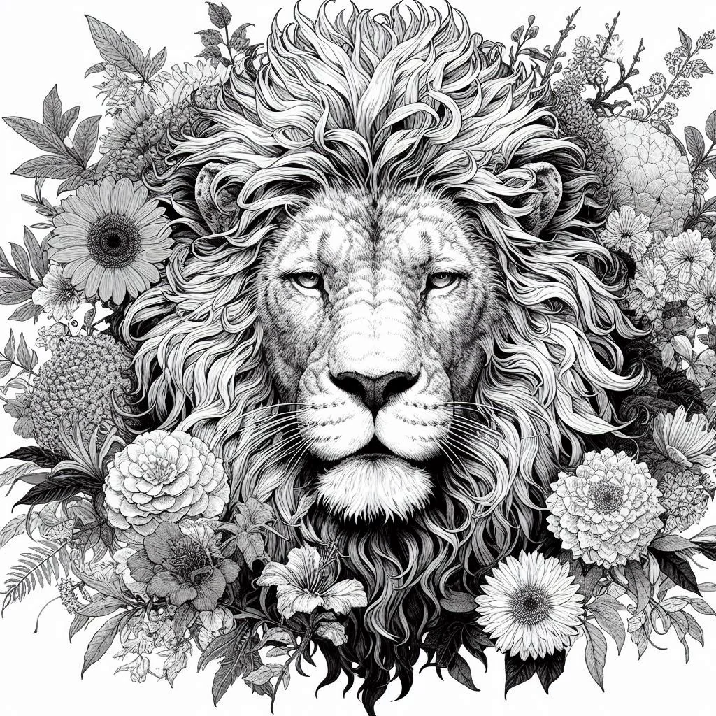 lion surrounded by flora. picture 3 of 3