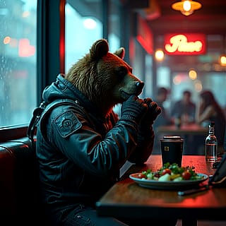 Cyberpunk Bear Eating Lunch'