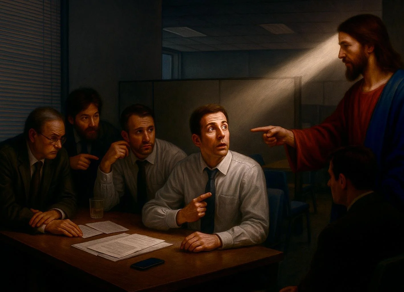Attempted a modern rendition of Caravaggio's "The Calling of St. Matthew" picture 1 of 1